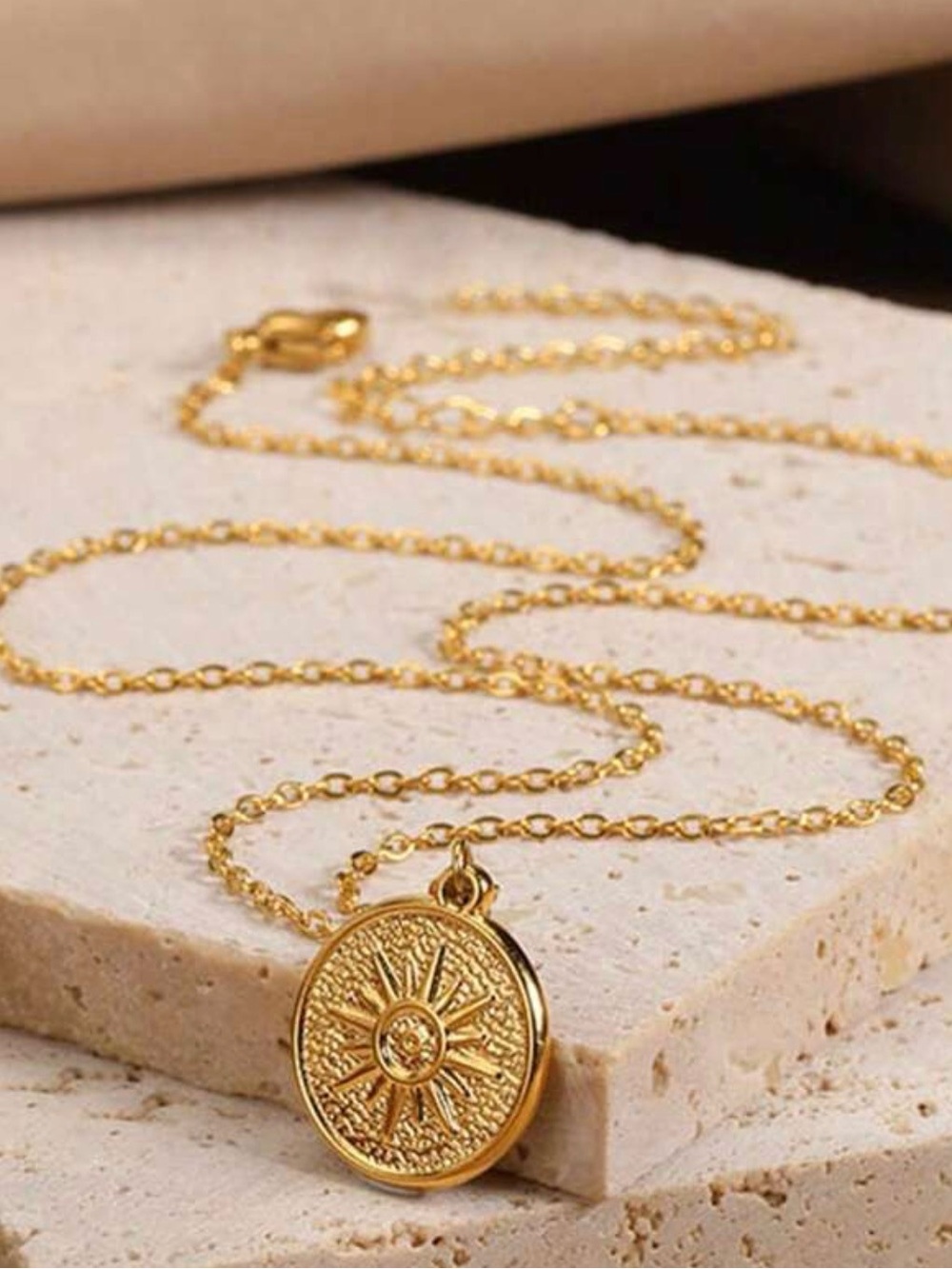 Gold Sunburst Medallion Necklace Stainless Steel